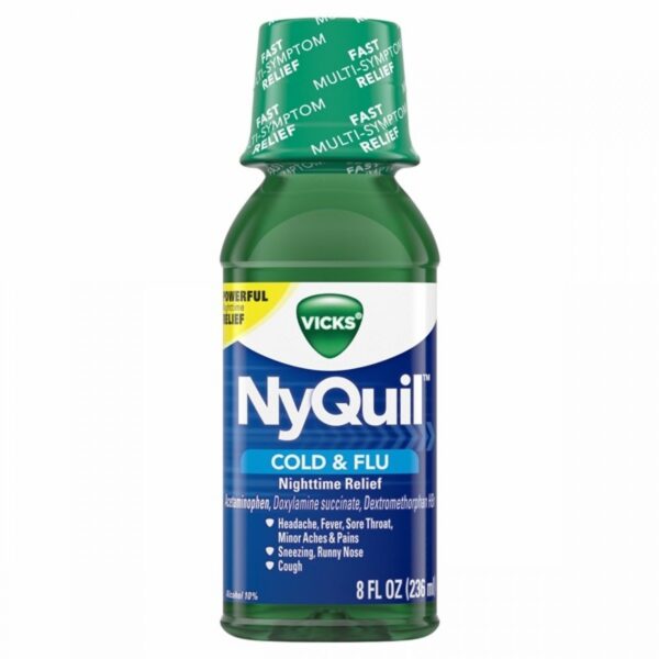 Vicks Ny Quil Cold And Flu Medicine, 8 Fl Oz, Original Flavor, Relieves Nighttime Cough, Sore Throat, Fever, Runny Nose Vicks Ny Quil Cold And Flu Medicine, 8 Fl Oz, Original Flavor, Relieves Nighttime Cough, Sore Throat, Fever, Runny Nose